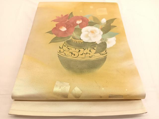 平和屋着物◎太鼓柄袋帯 手描き 陶器椿文 金彩 引箔 正絹 逸品 BAAW4440hv