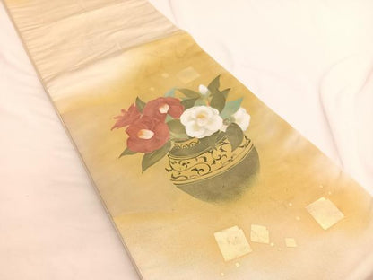 平和屋着物◎太鼓柄袋帯 手描き 陶器椿文 金彩 引箔 正絹 逸品 BAAW4440hv