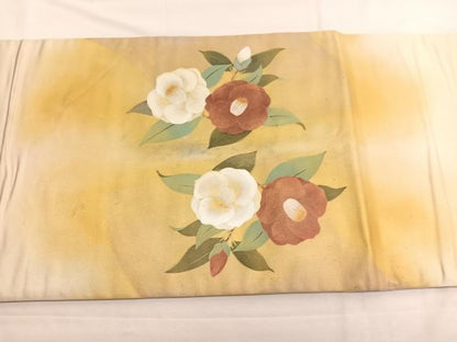 平和屋着物◎太鼓柄袋帯 手描き 陶器椿文 金彩 引箔 正絹 逸品 BAAW4440hv