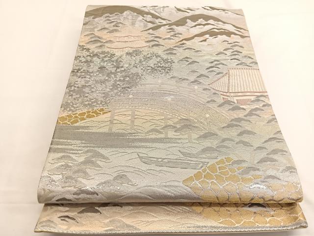 平和屋着物◎六通柄袋帯 風景文 錦プラチナ箔 正絹 逸品 BAAW4454hv