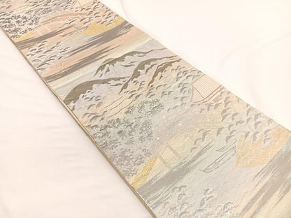 平和屋着物◎六通柄袋帯 風景文 錦プラチナ箔 正絹 逸品 BAAW4454hv
