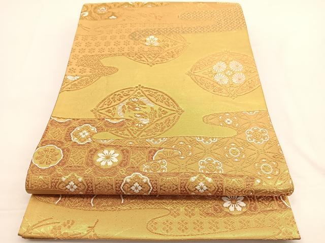 平和屋着物◎六通柄袋帯 唐織 向かい鳳凰七宝花文 金糸 正絹 逸品 BAAW4463hv
