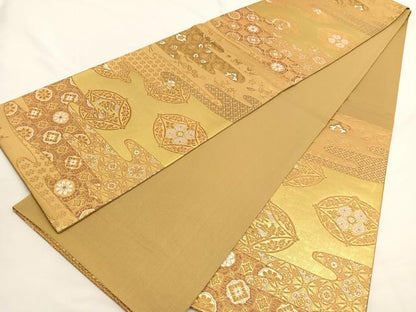 平和屋着物◎六通柄袋帯 唐織 向かい鳳凰七宝花文 金糸 正絹 逸品 BAAW4463hv