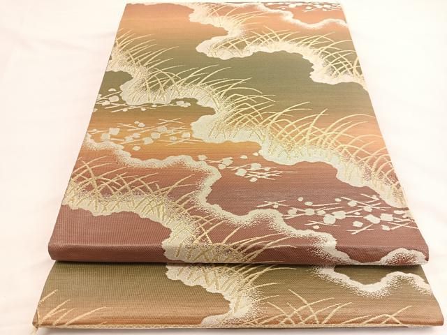 平和屋着物◎西陣 六通柄袋帯 箔散らし草葉文 金銀糸 証紙付き 正絹 逸品 BAAW4476hv