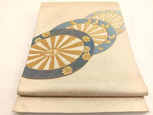 平和屋着物◎太鼓柄袋帯　総刺繍　駒刺繍　源氏車　金糸　正絹　逸品　BAAW4506hv