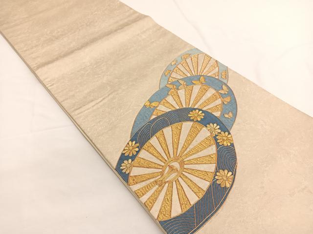 平和屋着物◎太鼓柄袋帯　総刺繍　駒刺繍　源氏車　金糸　正絹　逸品　BAAW4506hv