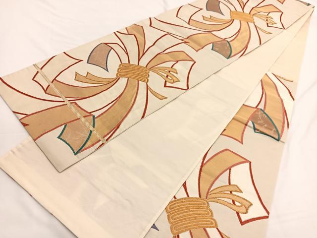 平和屋着物◎六通柄袋帯　唐織　束ね熨斗文　金糸　正絹　逸品　BAAW4512hv