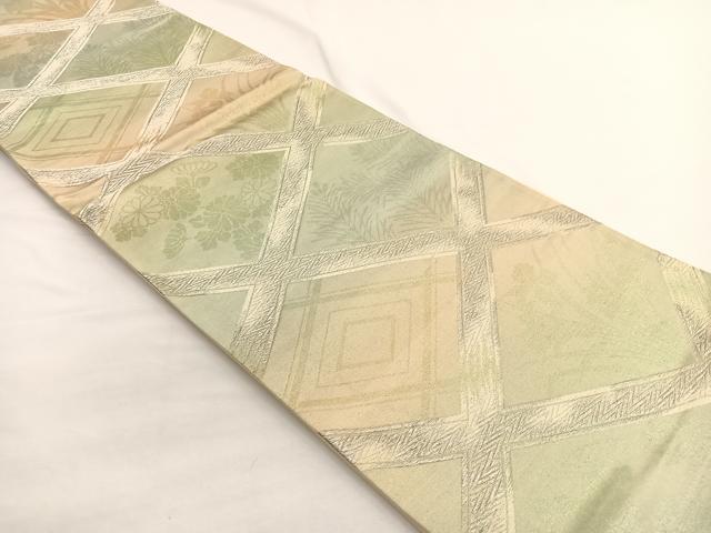 平和屋着物◎六通柄袋帯　菱天井花文　銀糸　正絹　逸品　BAAW4519hv