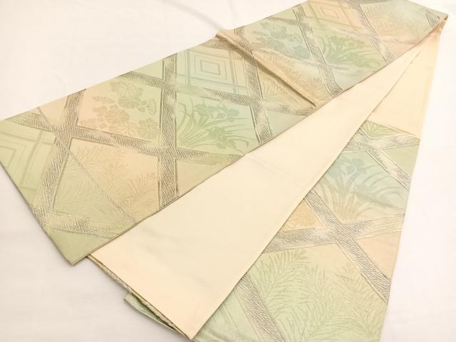 平和屋着物◎六通柄袋帯　菱天井花文　銀糸　正絹　逸品　BAAW4519hv