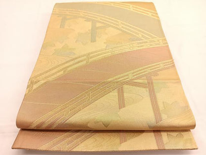 平和屋着物◎六通柄袋帯　竜田川渡橋文　金糸　正絹　逸品　BAAW4528hv