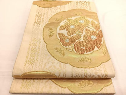 平和屋着物◎六通柄袋帯　花絵皿文　金銀糸　正絹　逸品　BAAW4542hv