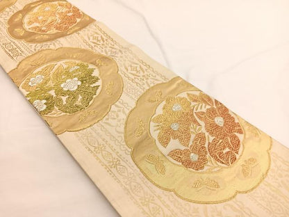 平和屋着物◎六通柄袋帯　花絵皿文　金銀糸　正絹　逸品　BAAW4542hv