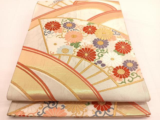 平和屋着物◎六通柄袋帯　唐織　立波扇面花唐草文　金糸　正絹　逸品　BAAW4546hv