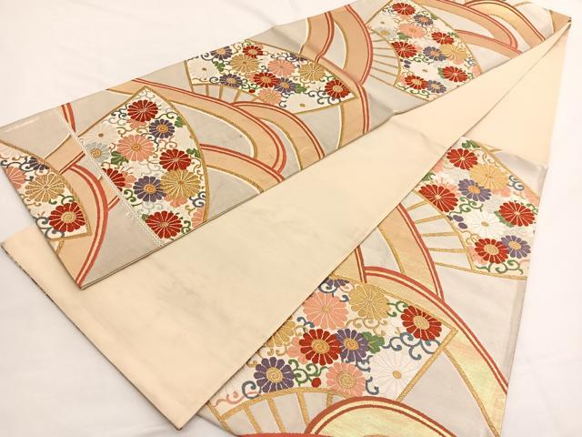 平和屋着物◎六通柄袋帯　唐織　立波扇面花唐草文　金糸　正絹　逸品　BAAW4546hv