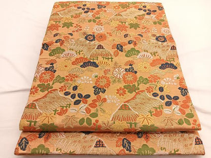 平和屋着物◎九寸開き名古屋帯　唐織　茶屋辻草花文　金糸　引箔　正絹　逸品　BAAW4556hv