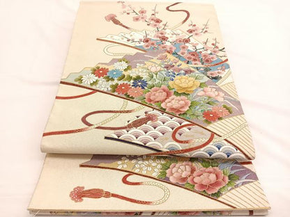 平和屋着物◎太鼓柄袋帯　作家物　箔つづれ　扇面花文　金糸　正絹　逸品　BAAW4561hv