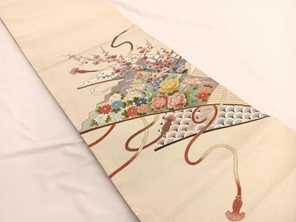平和屋着物◎太鼓柄袋帯　作家物　箔つづれ　扇面花文　金糸　正絹　逸品　BAAW4561hv