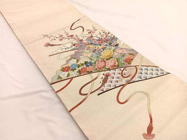 平和屋着物◎太鼓柄袋帯　作家物　箔つづれ　扇面花文　金糸　正絹　逸品　BAAW4561hv
