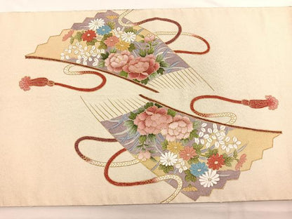平和屋着物◎太鼓柄袋帯　作家物　箔つづれ　扇面花文　金糸　正絹　逸品　BAAW4561hv