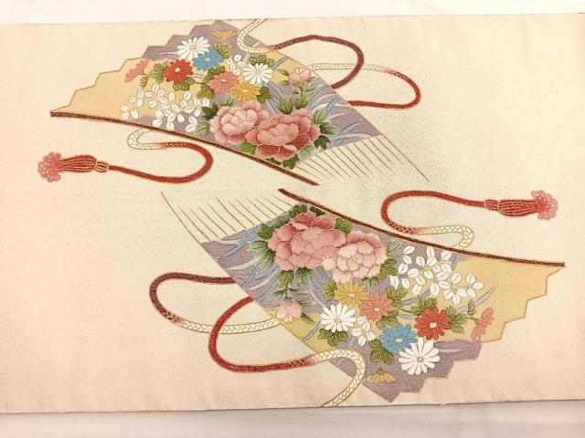 平和屋着物◎太鼓柄袋帯　作家物　箔つづれ　扇面花文　金糸　正絹　逸品　BAAW4561hv