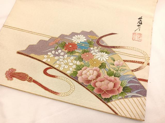 平和屋着物◎太鼓柄袋帯　作家物　箔つづれ　扇面花文　金糸　正絹　逸品　BAAW4561hv