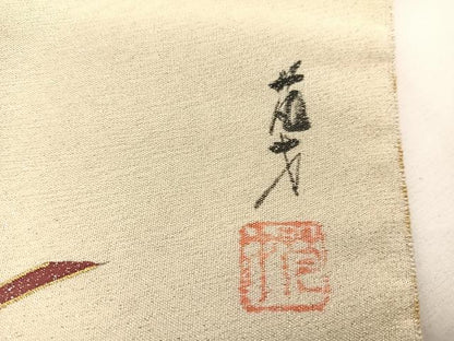 平和屋着物◎太鼓柄袋帯　作家物　箔つづれ　扇面花文　金糸　正絹　逸品　BAAW4561hv
