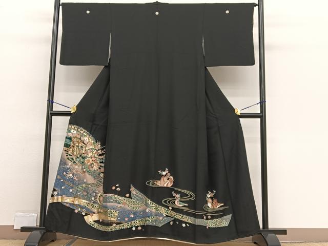 平和屋着物■豪華黒留袖 駒刺繍 檜扇花籠文 暈し染め 金銀彩 正絹 逸品 BAAW4607hv