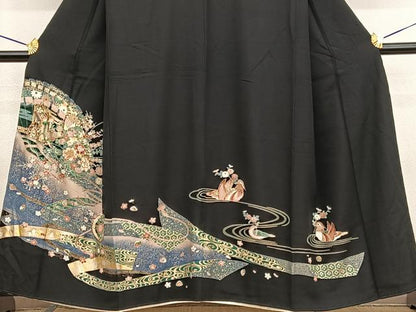 平和屋着物■豪華黒留袖 駒刺繍 檜扇花籠文 暈し染め 金銀彩 正絹 逸品 BAAW4607hv