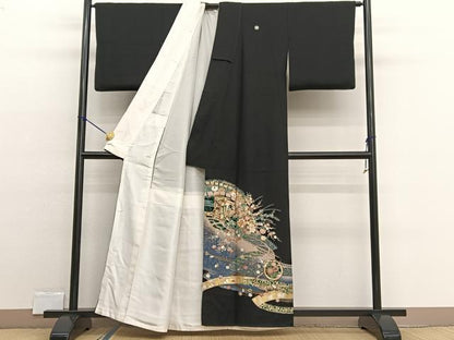 平和屋着物■豪華黒留袖 駒刺繍 檜扇花籠文 暈し染め 金銀彩 正絹 逸品 BAAW4607hv