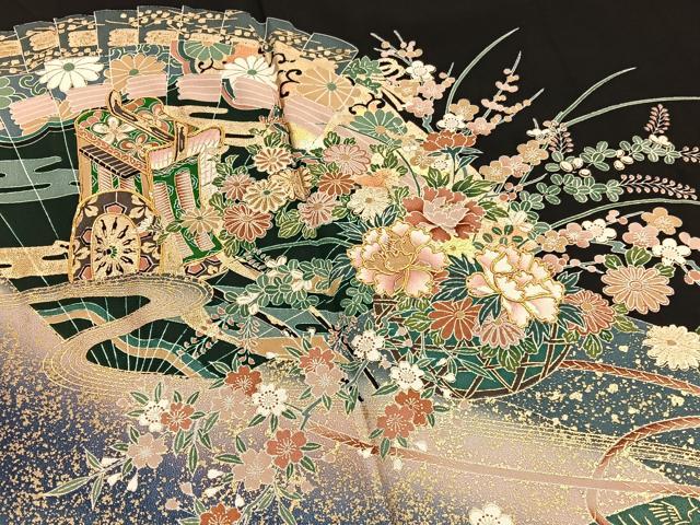 平和屋着物■豪華黒留袖 駒刺繍 檜扇花籠文 暈し染め 金銀彩 正絹 逸品 BAAW4607hv