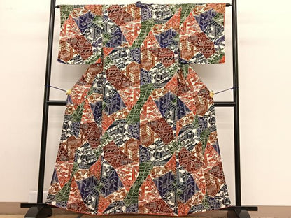 平和屋着物■上質な小紋 型染め 切嵌風景文 鬼しぼ縮緬 正絹 逸品 BAAW4794hv
