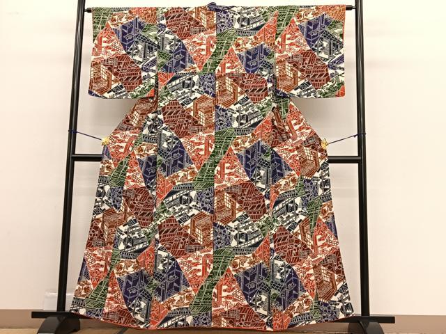 平和屋着物■上質な小紋 型染め 切嵌風景文 鬼しぼ縮緬 正絹 逸品 BAAW4794hv