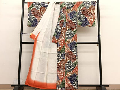 平和屋着物■上質な小紋 型染め 切嵌風景文 鬼しぼ縮緬 正絹 逸品 BAAW4794hv