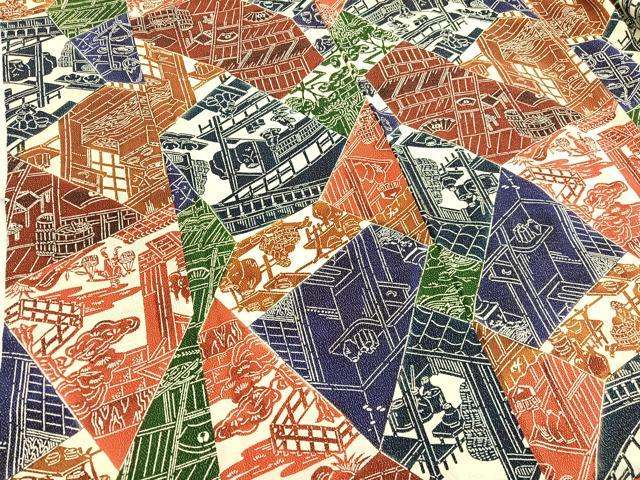 平和屋着物■上質な小紋 型染め 切嵌風景文 鬼しぼ縮緬 正絹 逸品 BAAW4794hv
