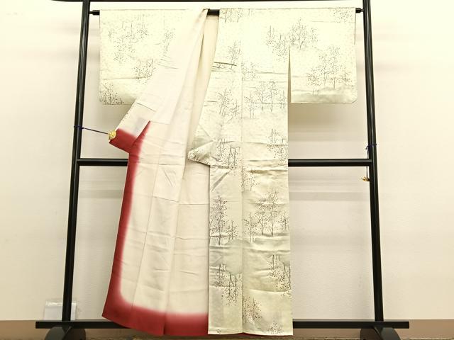 平和屋着物■上質な小紋　手描き　雲取り樹木文　暈し染め　正絹　逸品　BAAW4847hv