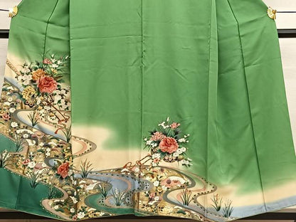 平和屋着物■訪問着　手描き　刺繍　流水花車文　暈し染め　金彩　正絹　逸品　BAAW4859hv