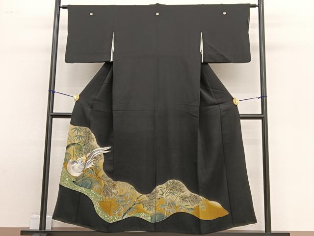 平和屋着物■豪華黒留袖　手描き　駒刺繍　尾長鳥　正絹　逸品　BAAW4911hv