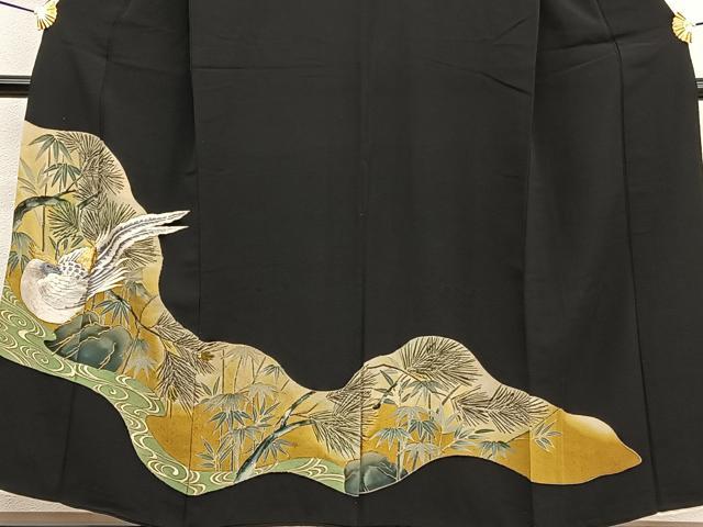 平和屋着物■豪華黒留袖　手描き　駒刺繍　尾長鳥　正絹　逸品　BAAW4911hv
