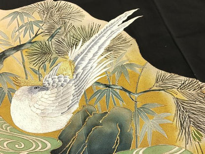 平和屋着物■豪華黒留袖　手描き　駒刺繍　尾長鳥　正絹　逸品　BAAW4911hv