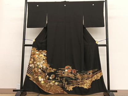 平和屋着物■豪華黒留袖 駒刺繍 御所車花文 金彩 正絹 逸品 BAAW4937hv