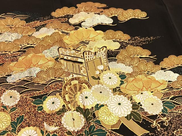 平和屋着物■豪華黒留袖 駒刺繍 御所車花文 金彩 正絹 逸品 BAAW4937hv