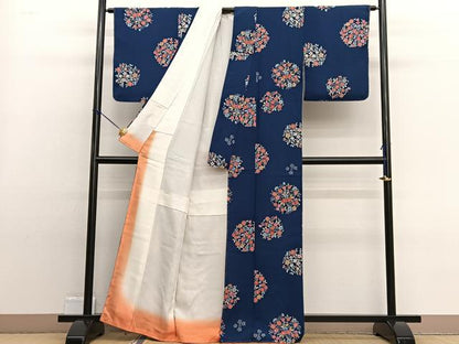 平和屋着物■上質な小紋 型染め 桔梗花丸文 鬼しぼ縮緬 反端付き 正絹 逸品 未使用 BAAW4975hv