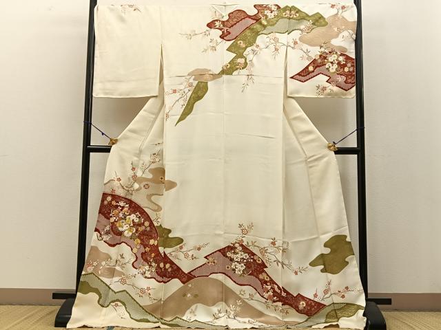 平和屋着物●十日町 名門青柳謹製　訪問着　駒刺繍　重ね山鹿の子枝花文　金彩　京都きもの友禅扱い ロング丈 正絹 逸品 未使用 BAAW5017hj