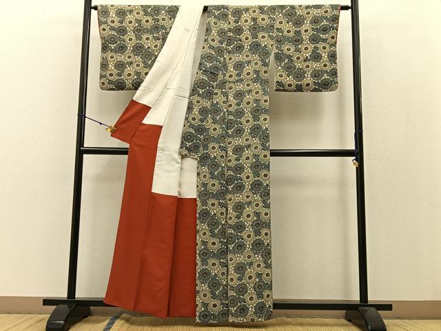 平和屋着物○上質な小紋 藍 型染め 古代菊 鬼しぼ縮緬 正絹