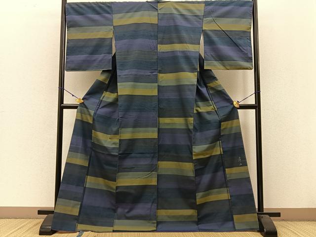 平和屋着物●絲藝苑　上島洋山　紬　横段文　ますいわ屋扱い　正絹　逸品　BAAW5020hj