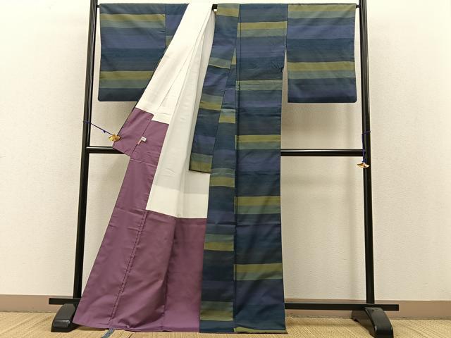 平和屋着物●絲藝苑　上島洋山　紬　横段文　ますいわ屋扱い　正絹　逸品　BAAW5020hj