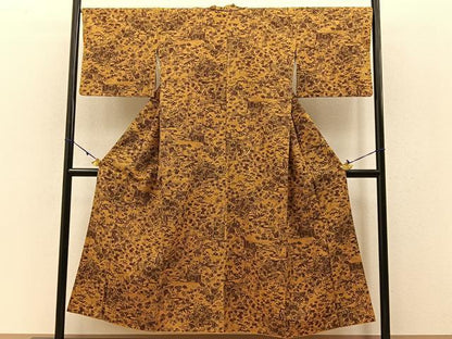 平和屋着物●結城紬　花園小紋　流水花鳥文　証紙付き　正絹　逸品　BAAW5024hj