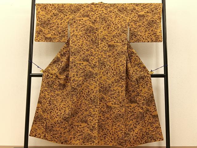 平和屋着物●結城紬　花園小紋　流水花鳥文　証紙付き　正絹　逸品　BAAW5024hj