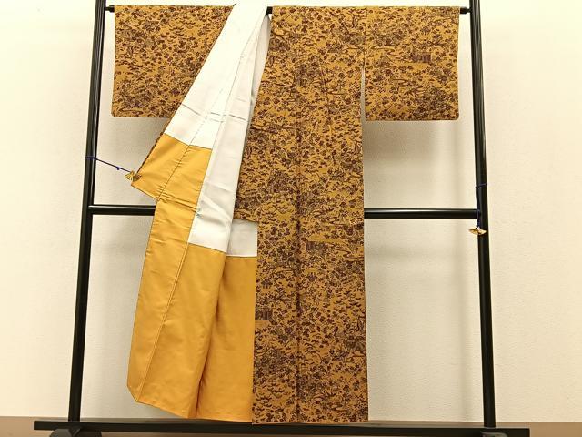 平和屋着物●結城紬　花園小紋　流水花鳥文　証紙付き　正絹　逸品　BAAW5024hj