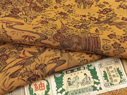 平和屋着物●結城紬　花園小紋　流水花鳥文　証紙付き　正絹　逸品　BAAW5024hj